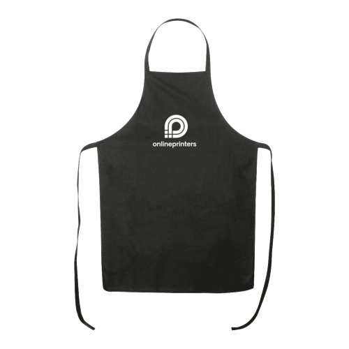 Black cotton apron with neck strap and long waist ties.