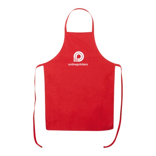 Red cotton apron with adjustable neck strap and long waist ties.