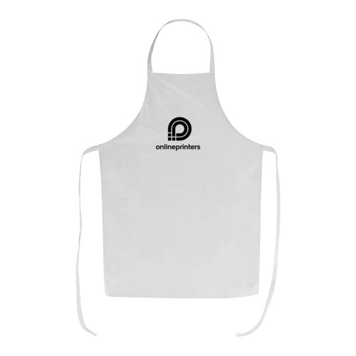White cotton apron with adjustable neck strap and long waist ties.