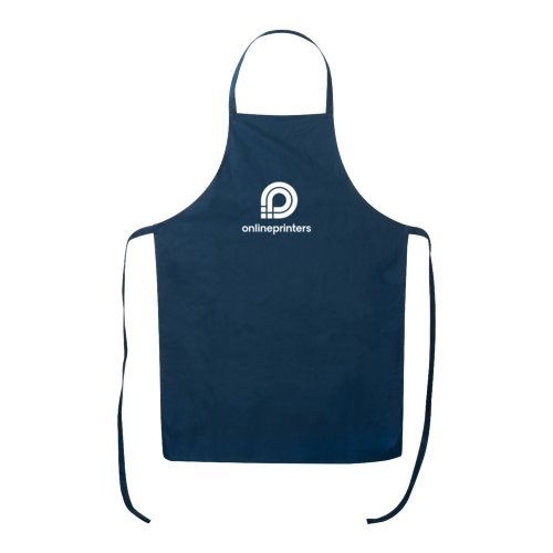 Dark blue cotton apron with neck strap and long waist ties.