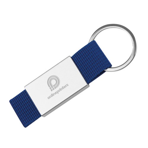 Blue fabric keychain with metal ring.