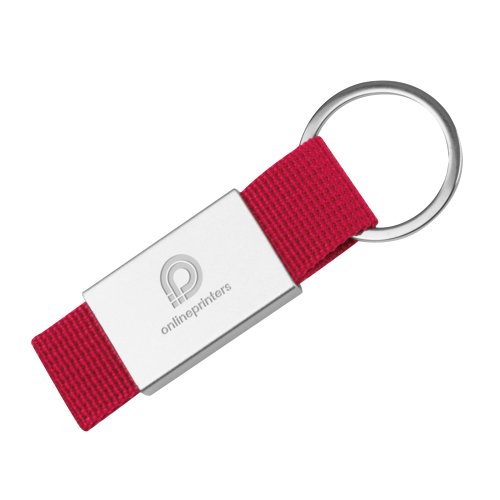 Red fabric keychain with metal ring.