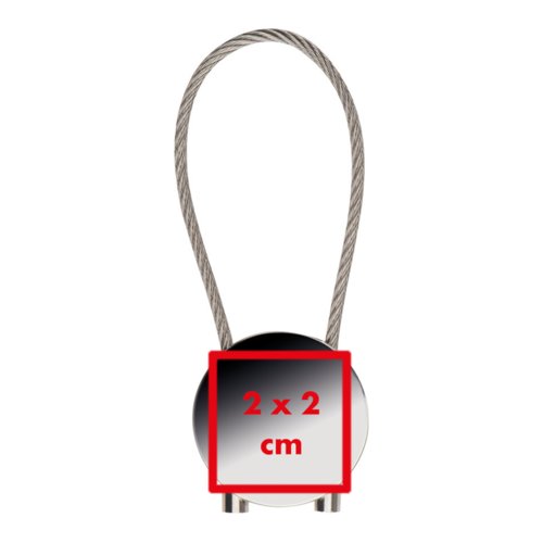Metal keychain with round pendant and wire rope.