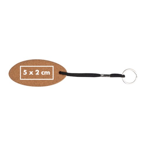 Brown cork keychain with cord and metal ring.