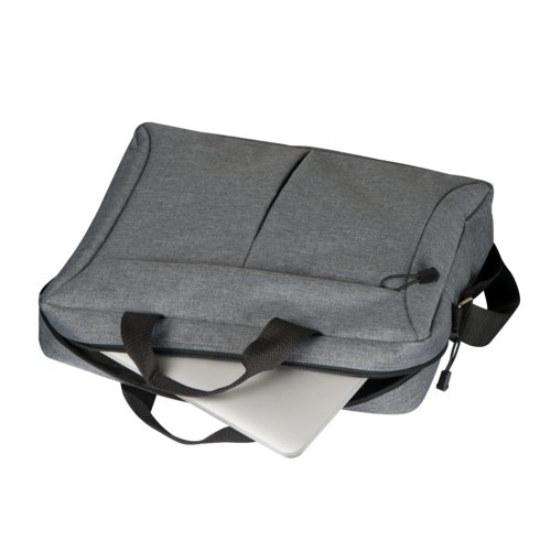 Gray laptop bag with zipper and carrying handles.