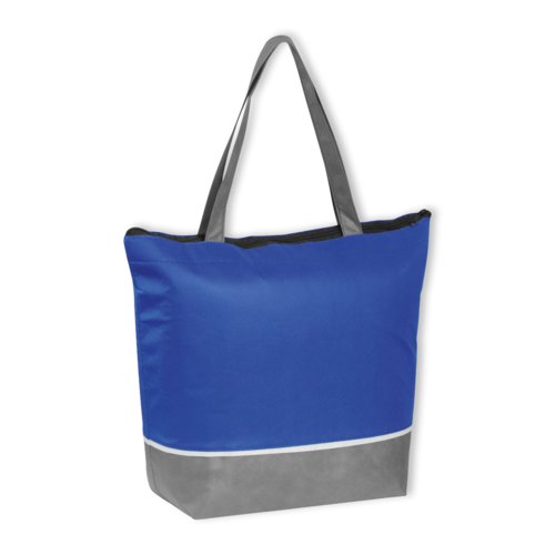 Blue non-woven cooler bag with carrying handles.
