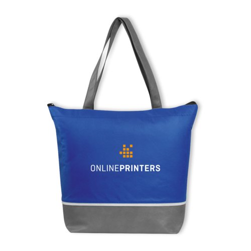 Blue non-woven cooler bag with carrying handles.