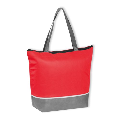 Red non-woven cooler bag with zipper and carrying handles.