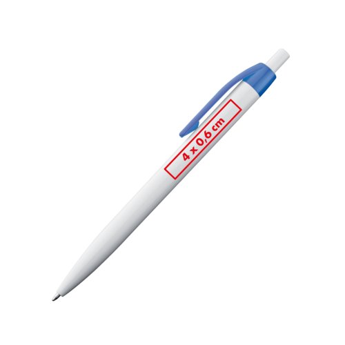 Plastic ballpoint pen with clip and push button.