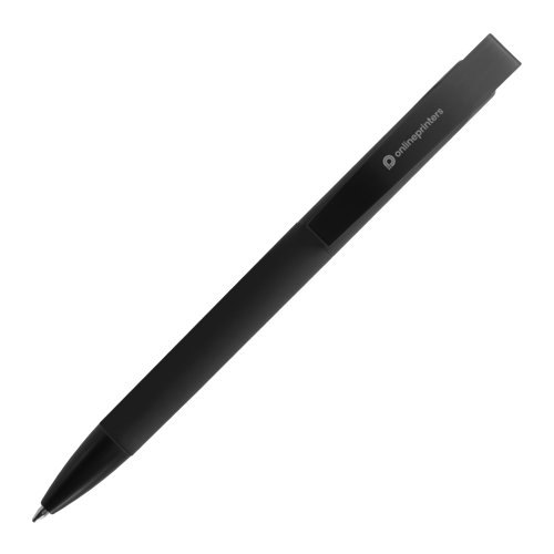 Black ballpoint pen with clip and push mechanism.