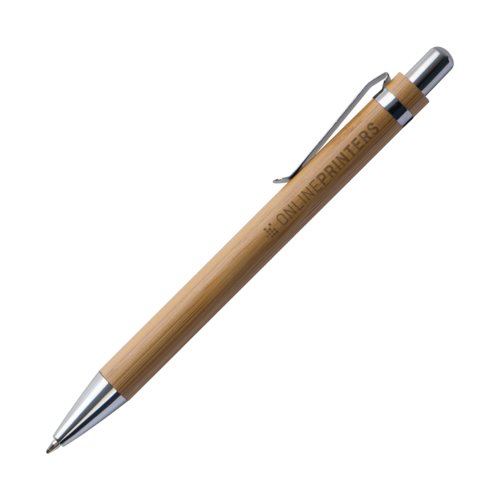 Bamboo ballpoint pen with clip and push mechanism.