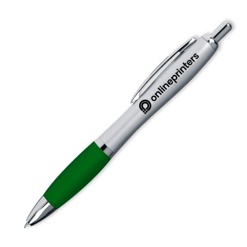 Green ballpoint pen with clip and push mechanism.