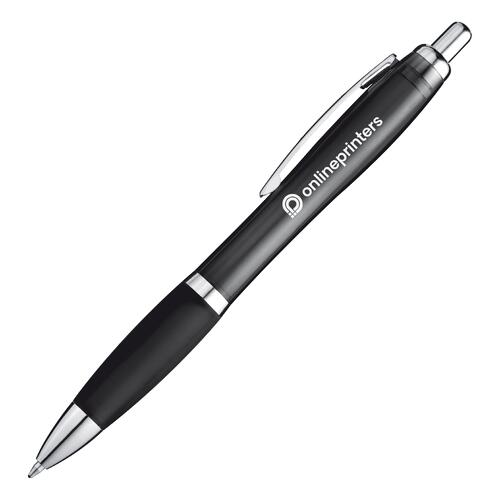 Black plastic ballpoint pen with clip and push button.
