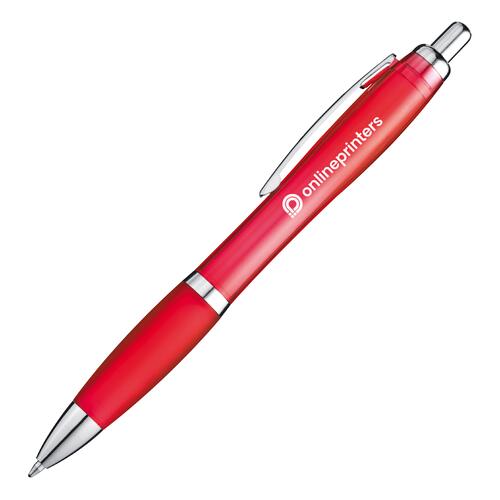 Red plastic ballpoint pen with clip and push button.