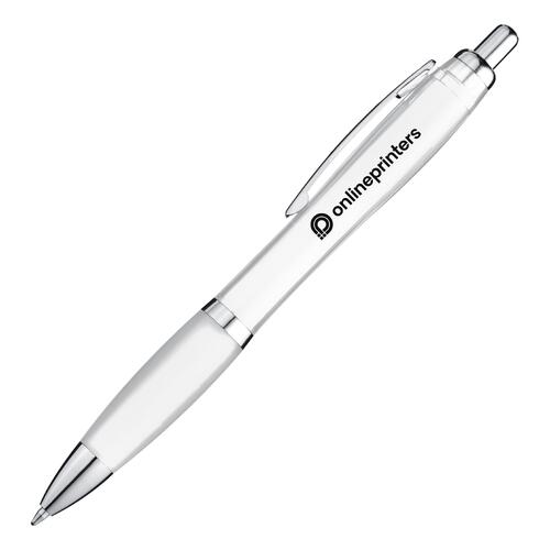 White plastic ballpoint pen with clip and push button.