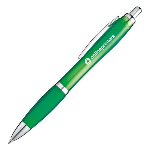 Green ballpoint pen with clip and push mechanism.