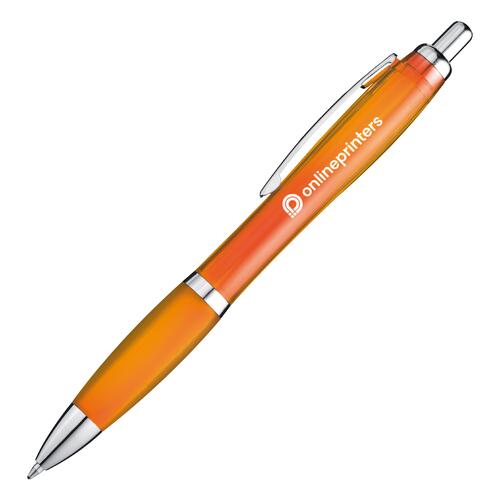 Orange plastic ballpoint pen with clip and push button.