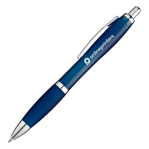 Dark blue ballpoint pen with clip and push-button mechanism.