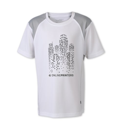 White polyester children's running shirt with short sleeves.