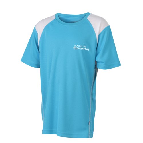 Light blue polyester running shirt for children with short sleeves.