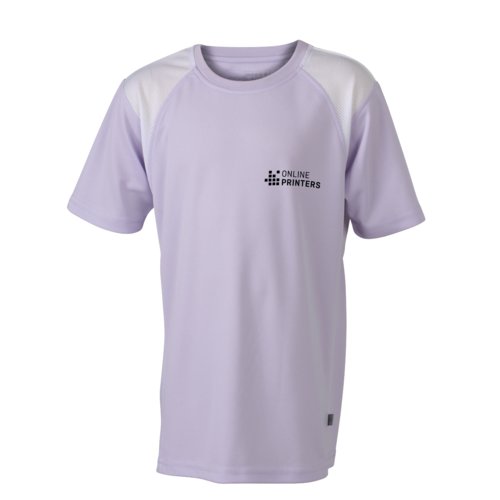 Lilac polyester running shirt for children with short sleeves.