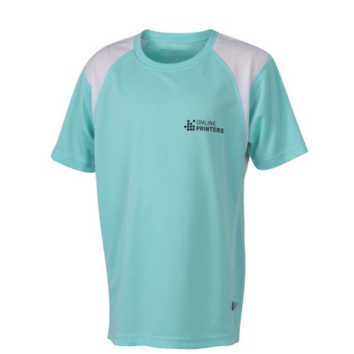 Mint green polyester running shirt for kids with short sleeves.