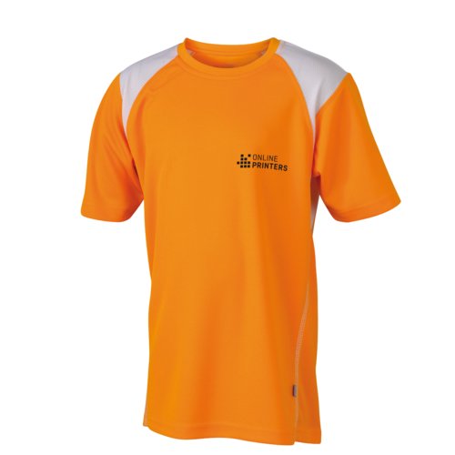 Orange polyester children's running shirt with short sleeves.