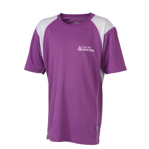 Violet children's running shirt made of polyester with short sleeves.