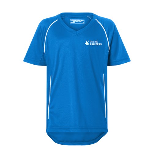 Royal blue/white polyester T-shirt with V-neck for children.