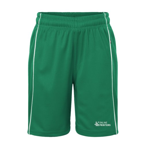 Green athletic shorts made of functional material with elastic waistband.