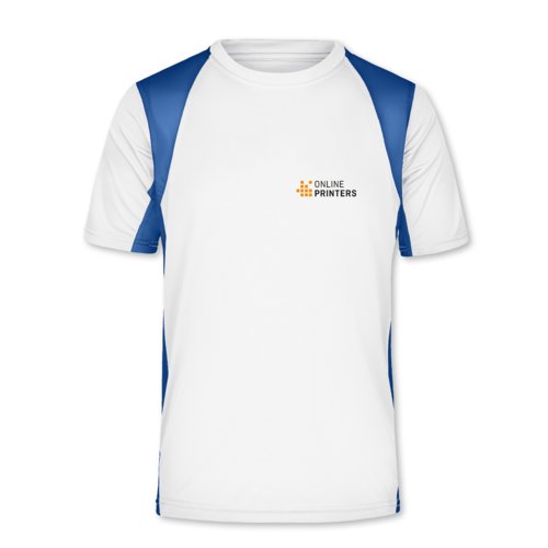 White/blue polyester functional shirt with short sleeves.