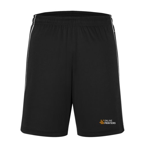 Black and white polyester shorts with elastic waistband and drawstring.