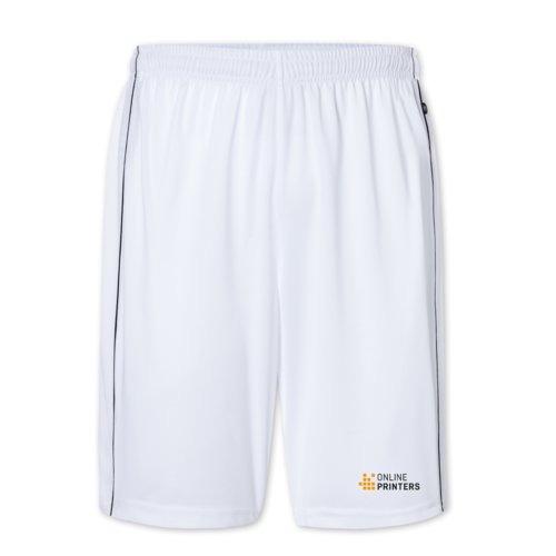 White polyester shorts with elastic waistband and drawstring.
