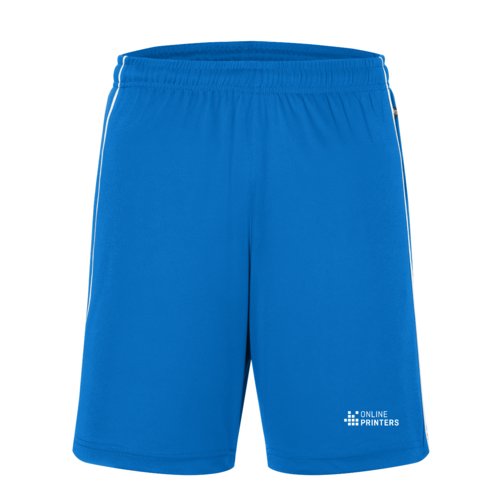 Blue polyester shorts with elastic waistband and drawstring.