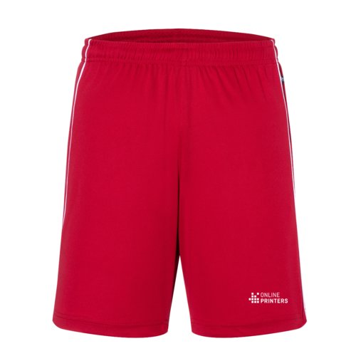 Red polyester shorts with elastic waistband and white accent stripes.