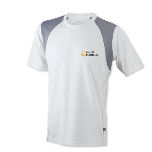 White polyester running shirt for men with short sleeves.