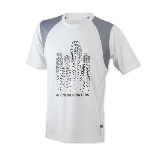 White polyester running shirt for men with short sleeves.