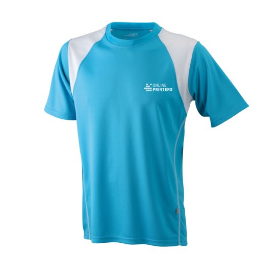 Light blue and white polyester running shirt for men with short sleeves.