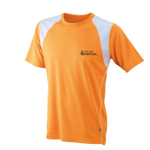 Orange polyester running shirt for men with short sleeves.