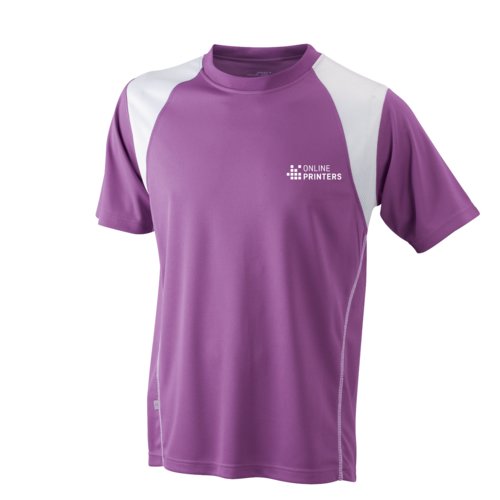 Violet and white polyester running shirt for men with short sleeves.
