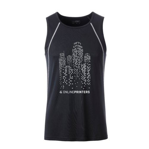 Black and white polyester men's tank top with a sporty cut.