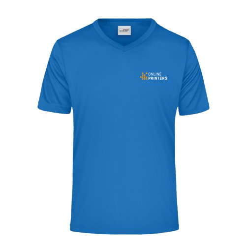 Royal blue polyester V-neck shirt for men with short sleeves.