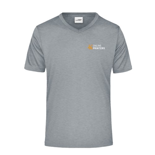 Heather gray polyester V-neck shirt for men.