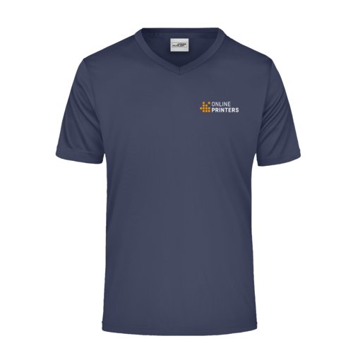 Black-blue polyester V-neck shirt with short sleeves.