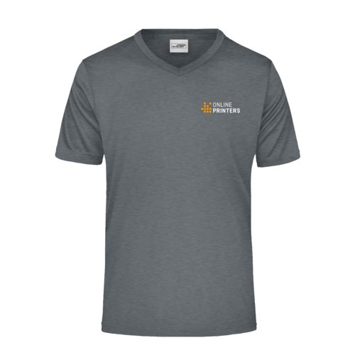 Dark gray heathered polyester V-neck shirt.