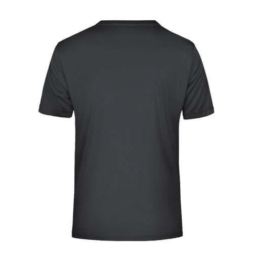 Black polyester t-shirt with v-neck and short sleeves.