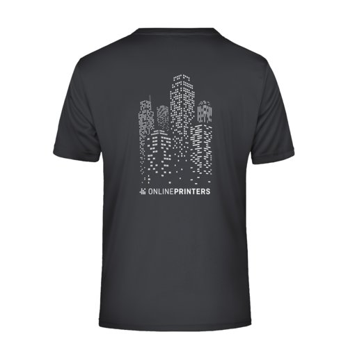 Black polyester t-shirt with V-neck and short sleeves.