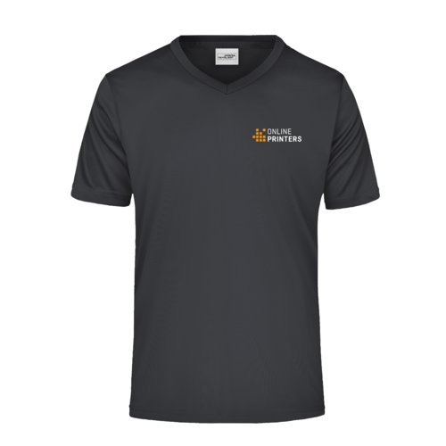 Black polyester V-neck t-shirt with short sleeves.