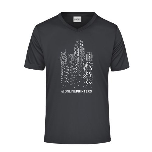 Black polyester V-neck shirt for men with short sleeves.