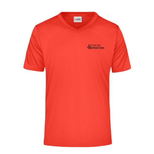Red polyester V-neck shirt with short sleeves.